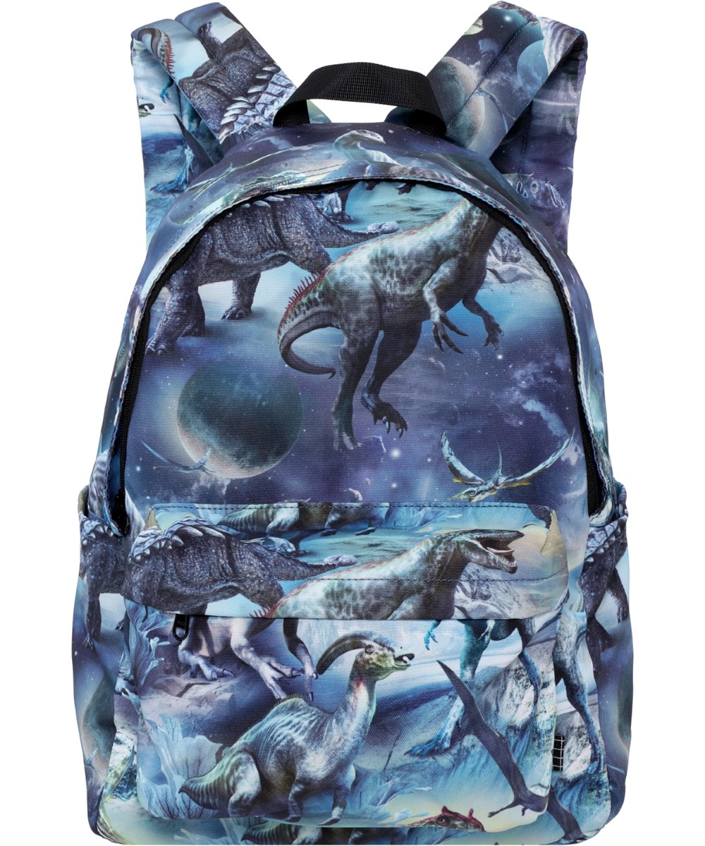 Backpack Mio - Dinoverse - Spacious blue backpack with dinosaur print, laptop pocket, and bottle pockets.