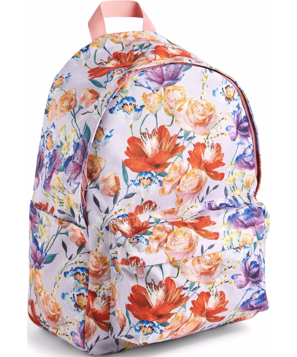 Backpack Mio - Paper Flowers - Light purple backpack for children with a print of colorful flowers.