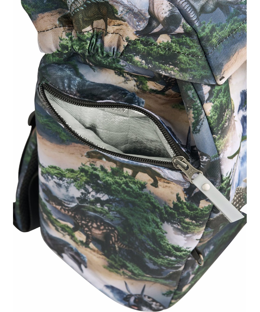 Backpack School - Mountain Dino - Green/grey school bag with a print of a dinosaur landscape in durable polyester with a water-repellent surface