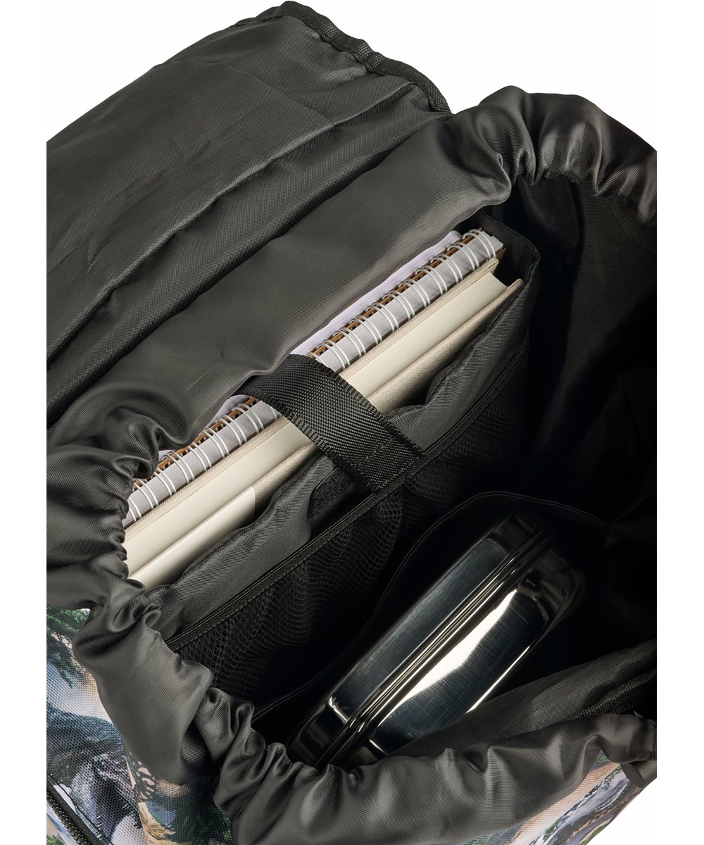 Backpack School - Mountain Dino - Green/grey school bag with a print of a dinosaur landscape in durable polyester with a water-repellent surface