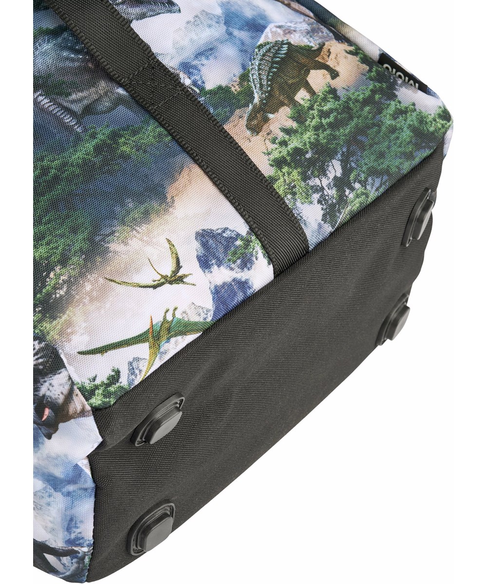 Backpack School - Mountain Dino - Green/grey school bag with a print of a dinosaur landscape in durable polyester with a water-repellent surface