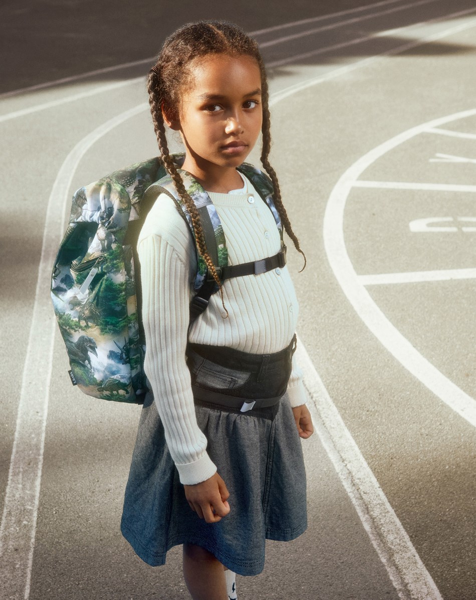 Backpack School - Mountain Dino - Green/grey school bag with a print of a dinosaur landscape in durable polyester with a water-repellent surface