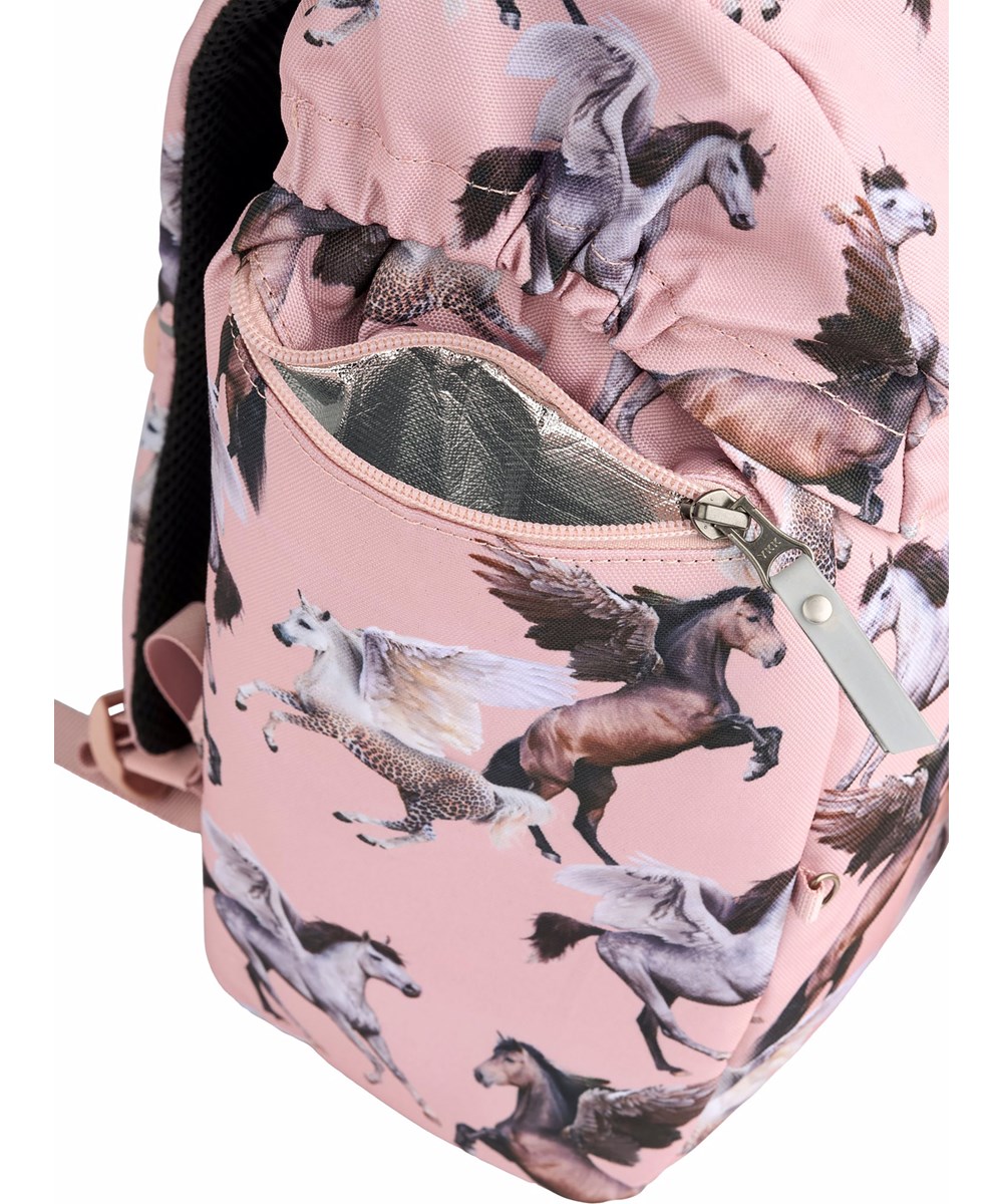 Backpack School - Pegasus - Pink schoolbag with print of flying pegasi in durable polyester with water-repellent surface