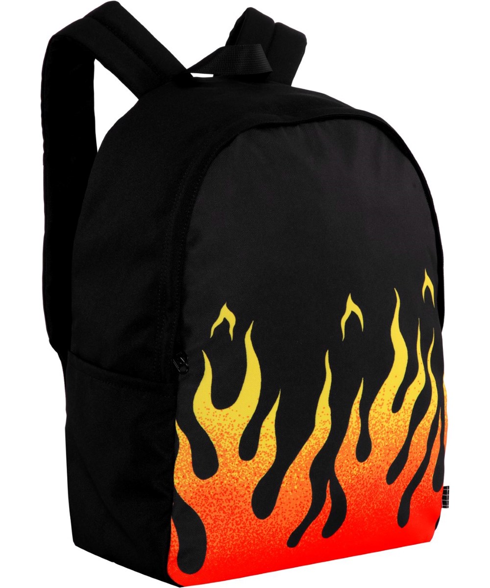 Backpack Solo - On Fire - Black backpack with flame motif on the front in 100% recycled polyester.