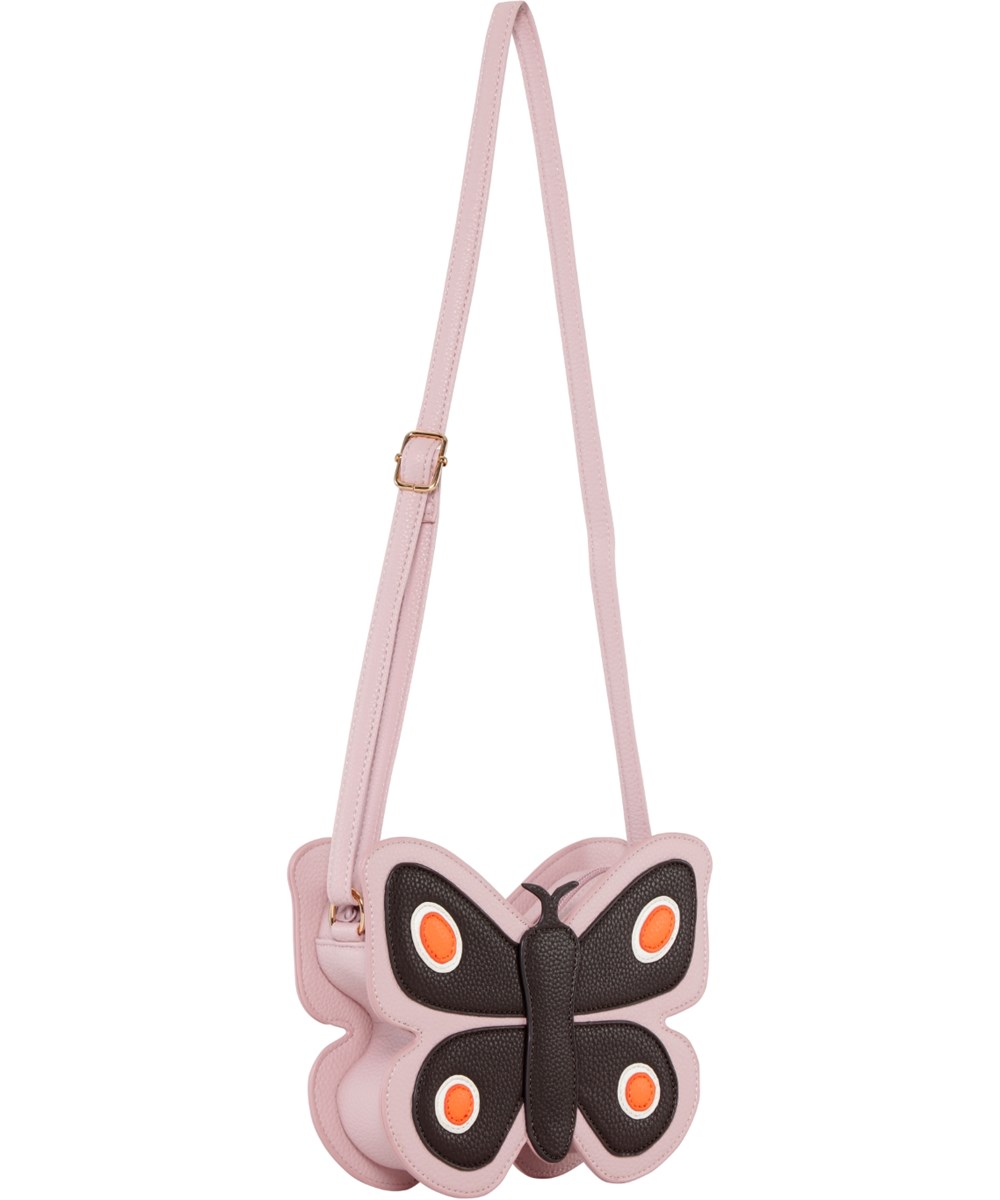 Butterfly Bag - Pink Lavender - Pink and black crossbody bag with adjustable strap and butterfly design.