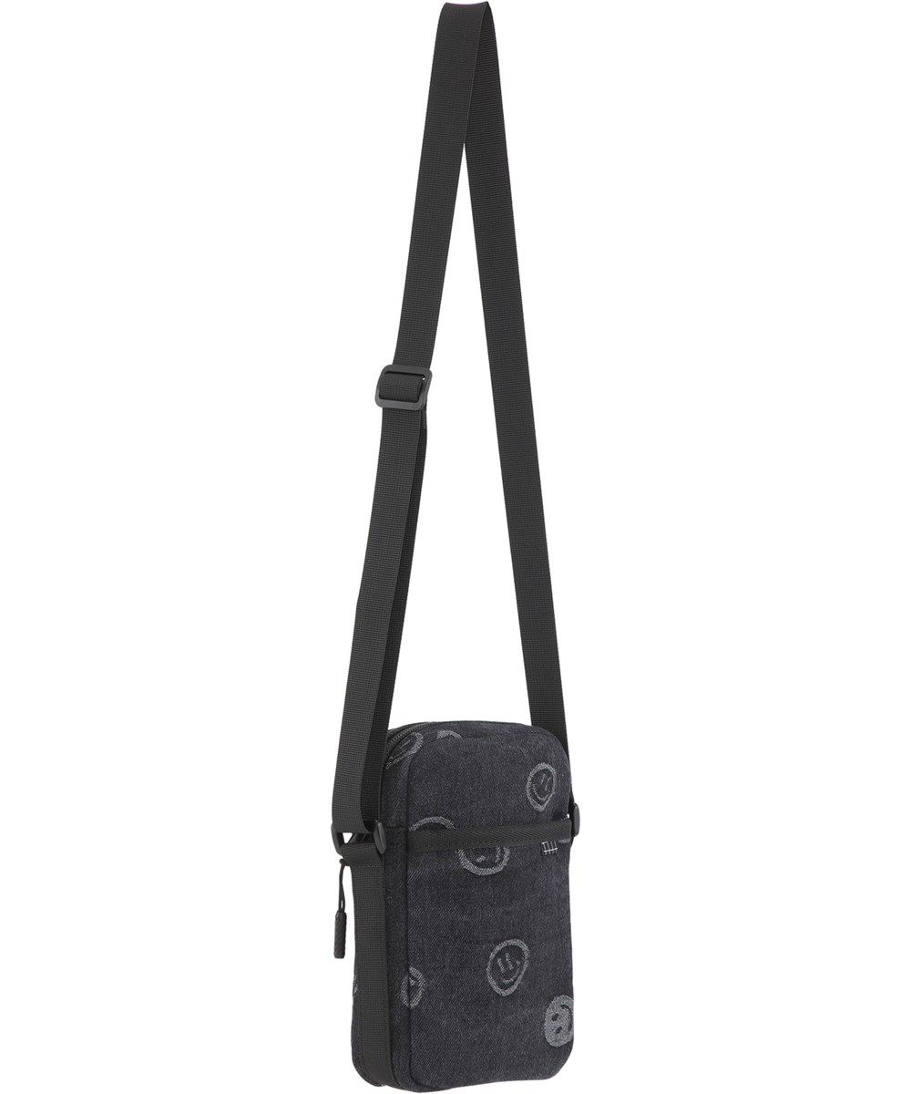Crossover Bag - Happiness Black - Small crossbody bag in grey denim with smiley face print