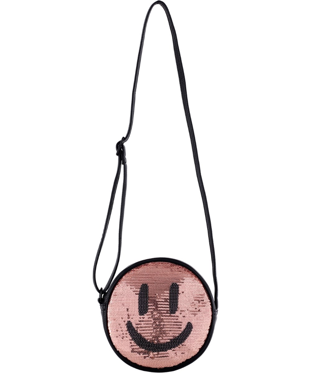 Glitter Smile Bag - Glitter - Black and pink crossbody bag with sequined smiling face. Adjustable strap.