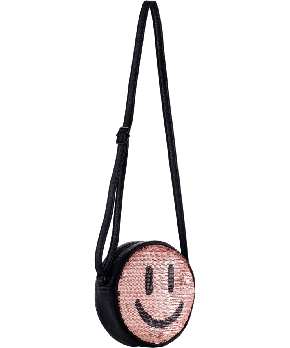 Glitter Smile Bag - Glitter - Black and pink crossbody bag with sequined smiling face. Adjustable strap.