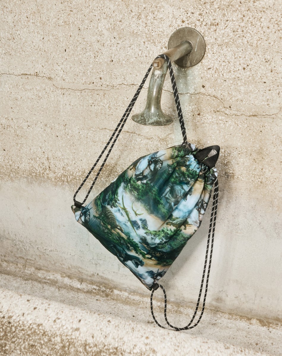 Gym Bag - Mountain Dino - Green-grey gym bag with print of dinosaur landscape made in durable polyester with water-repellent properties