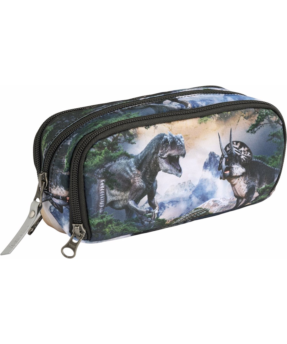 Pencil Cas - Mountain Dino - Practical pencil case with print of dinosaur landscape in green and grey shades