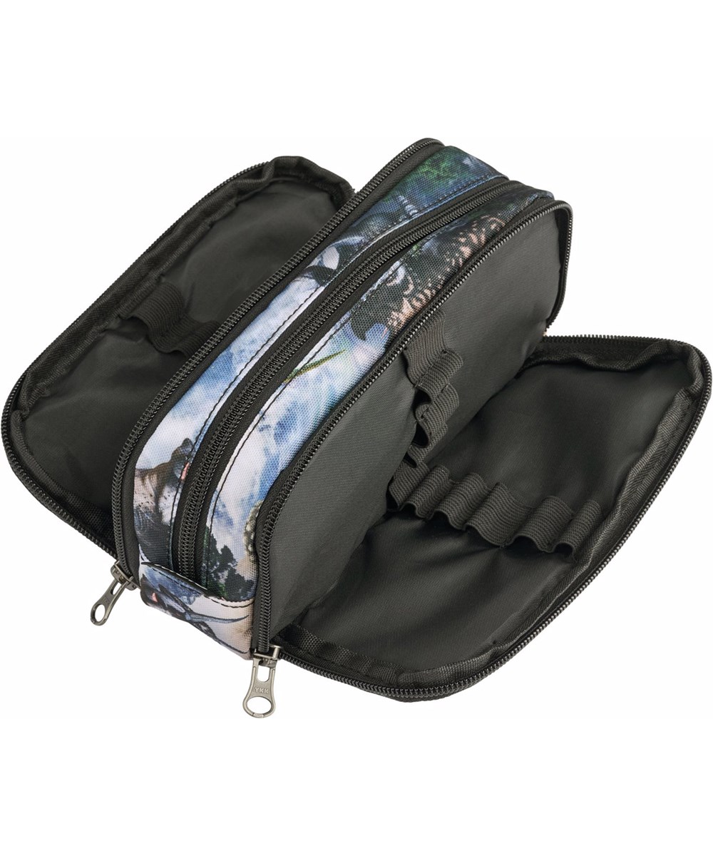 Pencil Cas - Mountain Dino - Practical pencil case with print of dinosaur landscape in green and grey shades