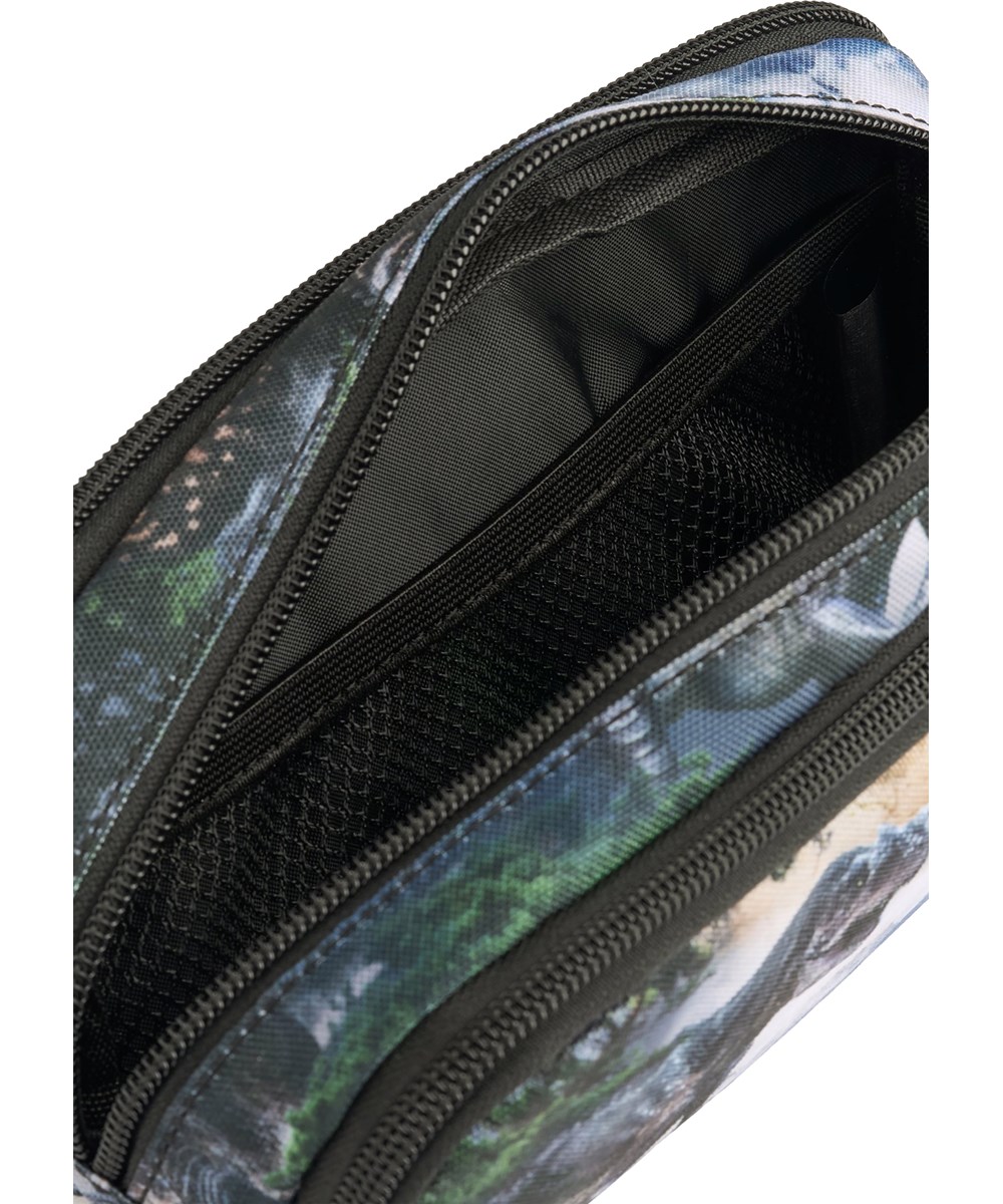 Pencil Cas - Mountain Dino - Practical pencil case with print of dinosaur landscape in green and grey shades