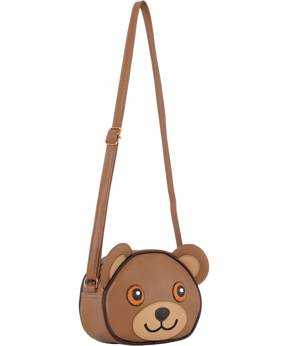 Teddy Bear Bag - Ground - Cute brown crossbody bag with adjustable strap and teddy bear motif.