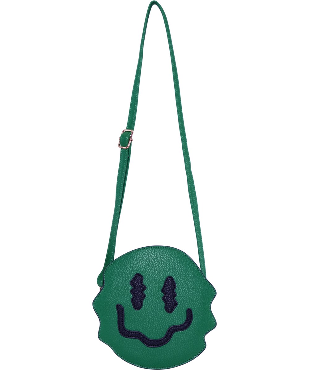 Uneven Smile Bag - Aventurine - Green crossbody bag with smiling glitch face design, adjustable strap.