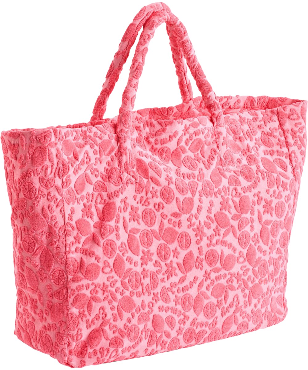Toweling Bag - Lemon Quotes - Rosa Strandtasche mit Zitrusmuster für Kinder.