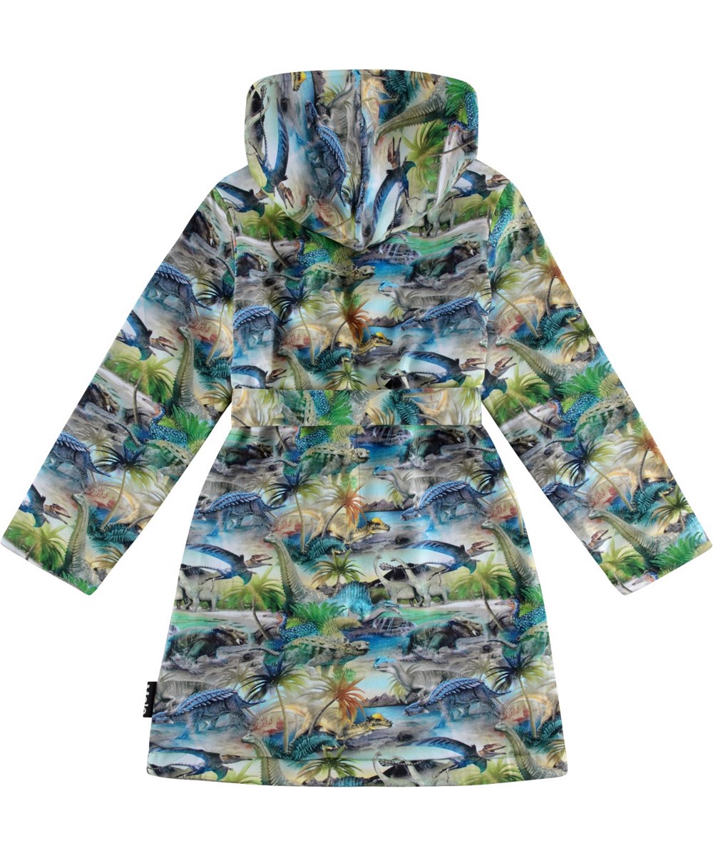 Wave - Dino Fantastic - Weicher Bademantel aus Öko-Baumwollfrottee mit Allover-Dinosaurier-Print.
