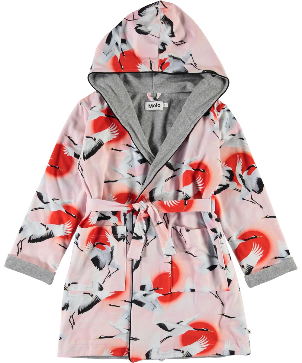 Way - Sunrise Cranes - Rosa Öko-Bademantel Vögel-Sdruck