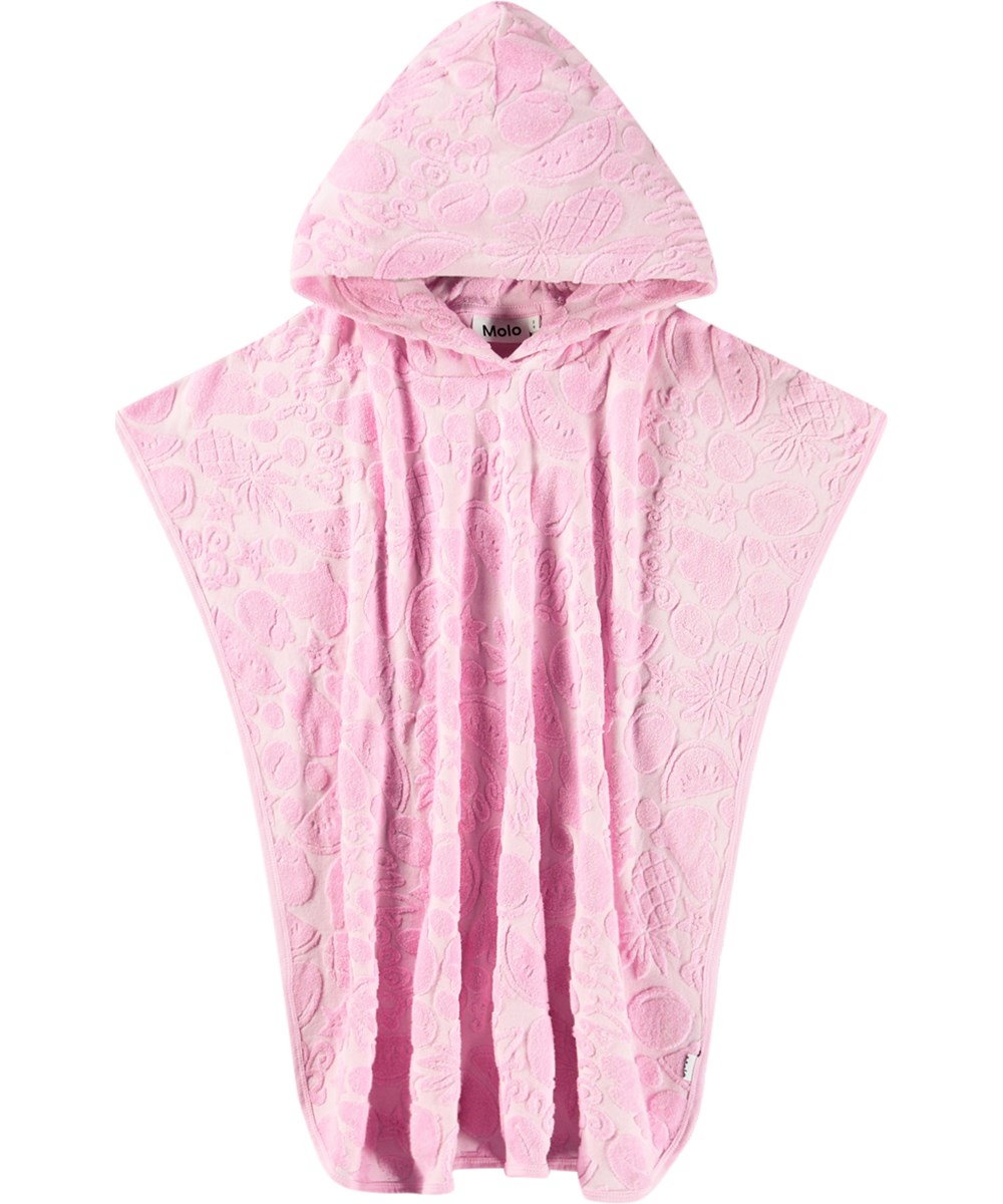 Beach Cover Up - Fruity Towelling - Lyserød badeponcho  til børn med hætte i blødt bomulds frotté og et mønster af eksotiske frugter.