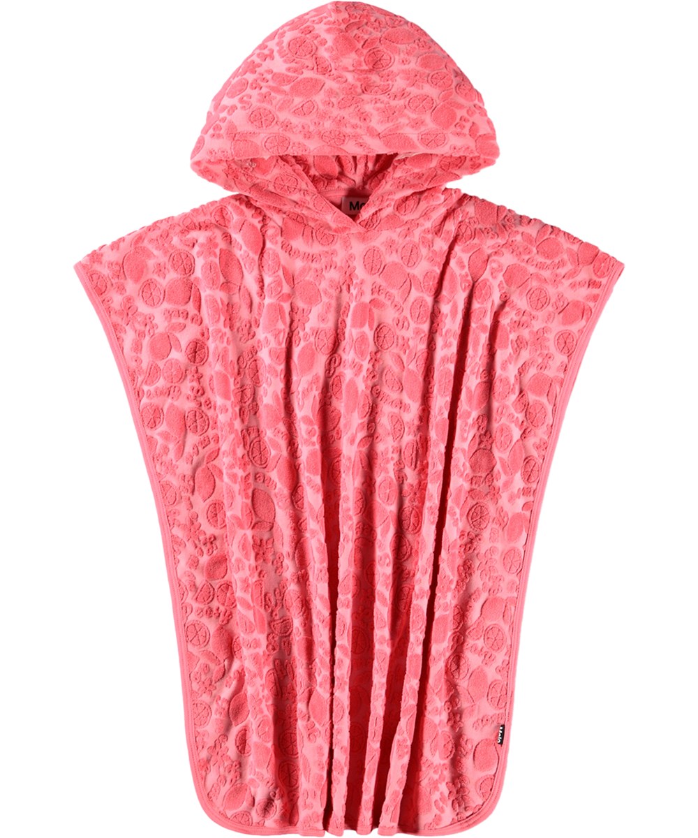 Beach Cover Up - Lemon Quotes - Pink badeponcho til børn med citrusmønster og hætte i økologisk bomuldsfrotté.