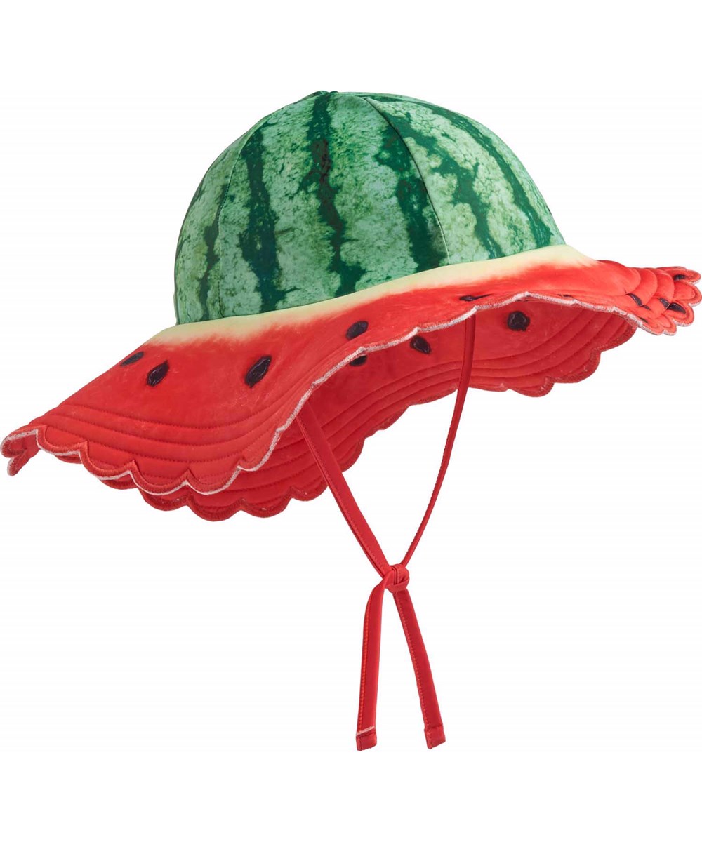 Nuka - Melon - Strækbar solhat til børn i genanvendt polyester med UV-beskyttelse 50+.