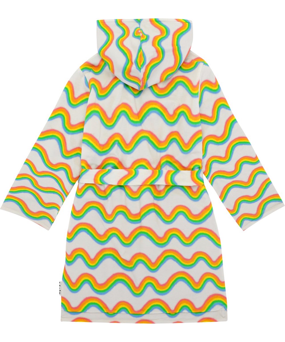 Wave - Rainsbows Grey - Blød badekåbe i økologisk bomuldsfrotté med et allover regnbue-print. 