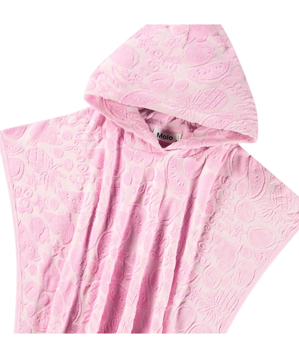 Beach Cover Up - Fruity Towelling - Pink children's hooded bath poncho in soft cotton terry with a pattern of exotic fruits.