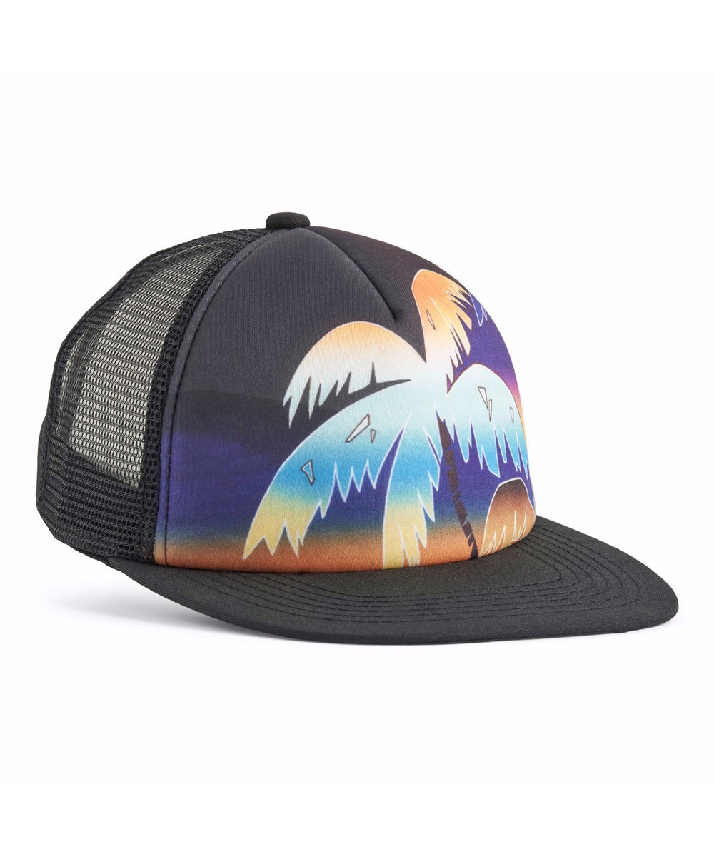 Big Shadow - Faded Palmtrees - Black cap for children with a wide brim, mesh at the back for good ventilation, and an adjustable neck closure for a perfect fit. Ideal for trips to the beach and outdoor adventures.