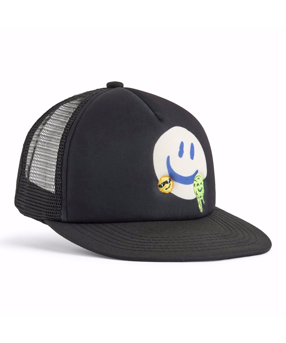 Big Shadow - Sticker Smile - Black cap for children with a wide brim, mesh at the back for good ventilation, and an adjustable neck closure for a perfect fit. Ideal for trips to the beach and outdoor adventures.