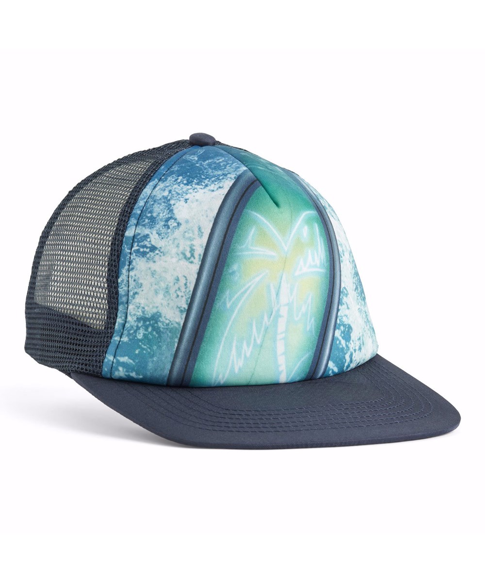 Big Shadow - Surf Art Blue Chill - Dark blue cap for children with a wide brim, mesh at the back for good ventilation, and an adjustable neck closure for a perfect fit. Ideal for trips to the beach and outdoor adventures.