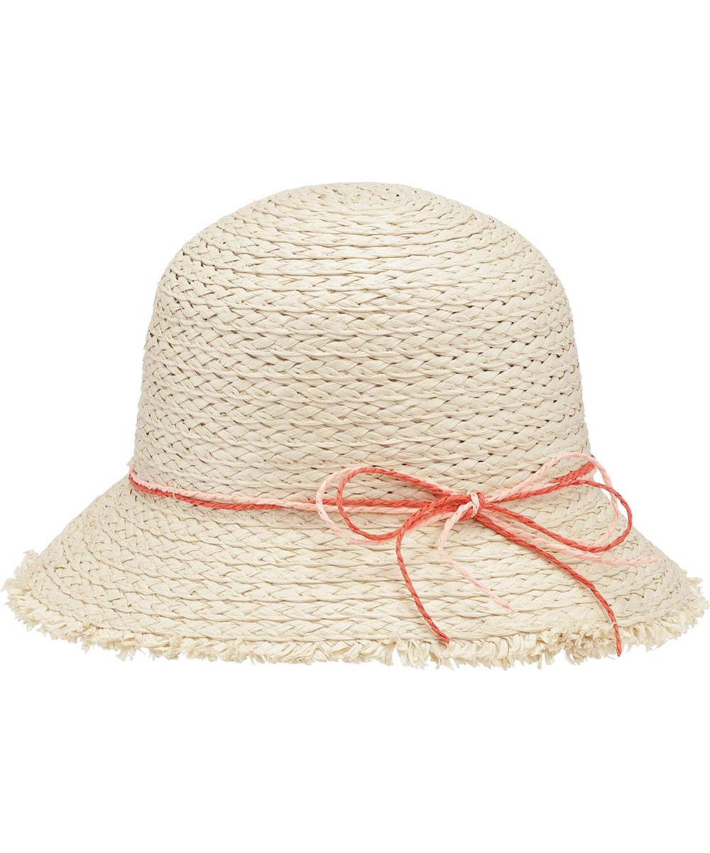 Bucket Straw - Sandshell - Light coloured straw hat with red ties 