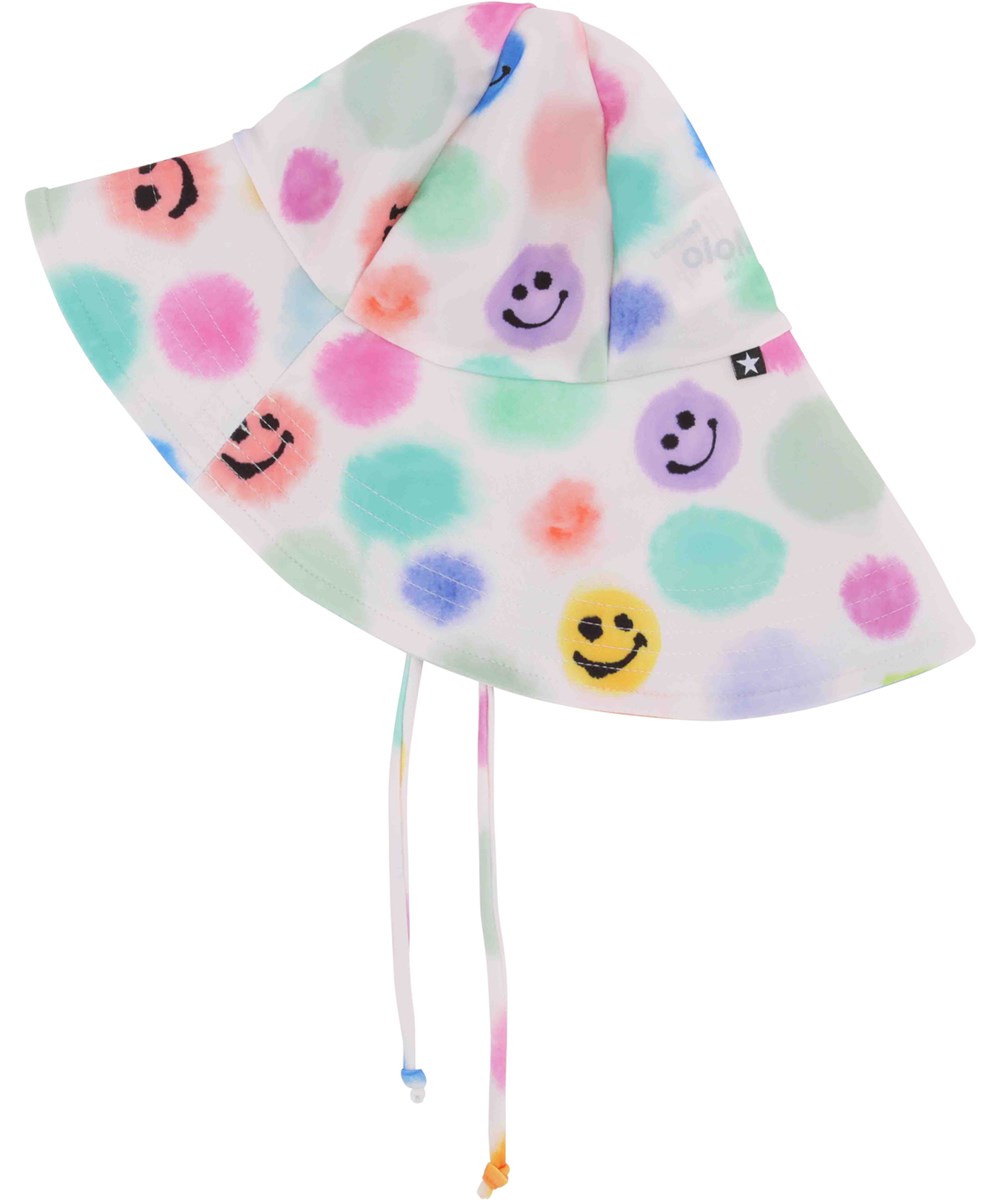 Nuka - Painted  Dots - Multi-coloured baby sun hat in an all over dot print with happy emojis