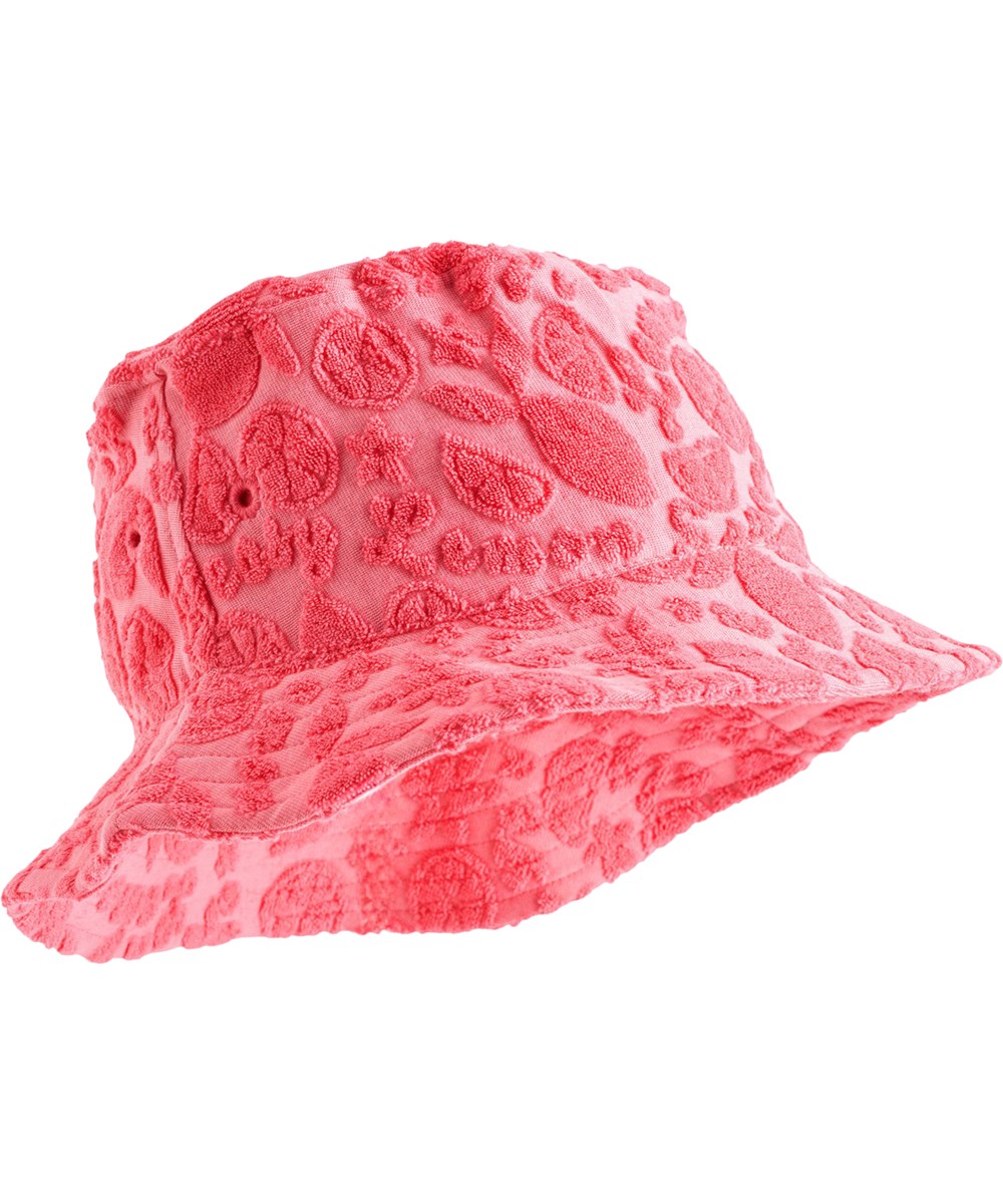 Siks - Lemon Quotes - Pink bucket hat for children made of soft cotton terry with a citrus pattern.