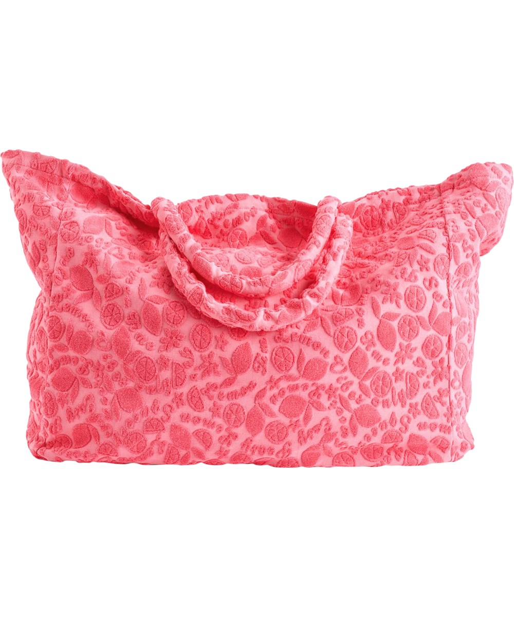Toweling Bag - Lemon Quotes - Pink beach bag with citrus pattern for children.