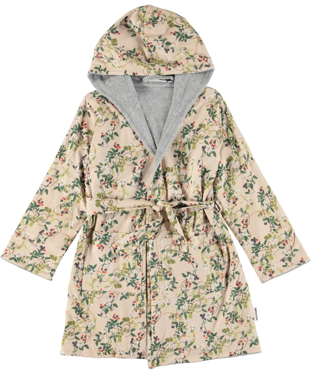 Wave - Bramble Grey - Rose organic bathrobe with blackberry print 