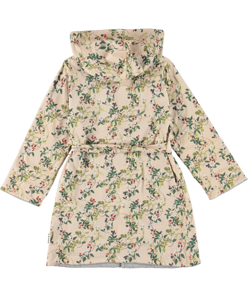 Wave - Bramble Grey - Rose organic bathrobe with blackberry print 