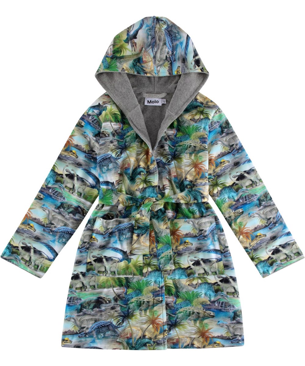 Wave - Dino Fantastic - Soft dressing gown in organic cotton terry in an all over dinosaur print