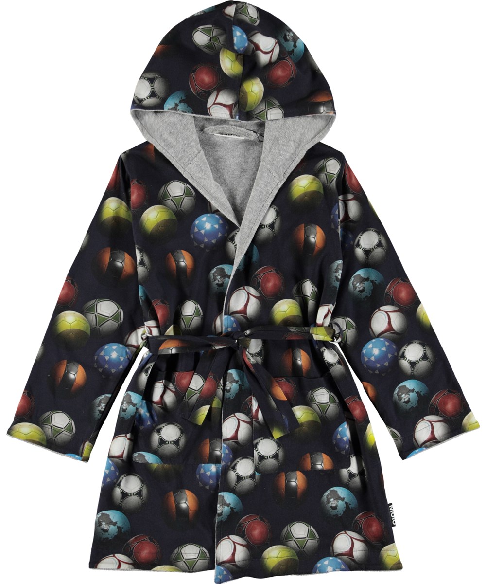 Wave - Footballs Blue - Organic bathrobe with football print 