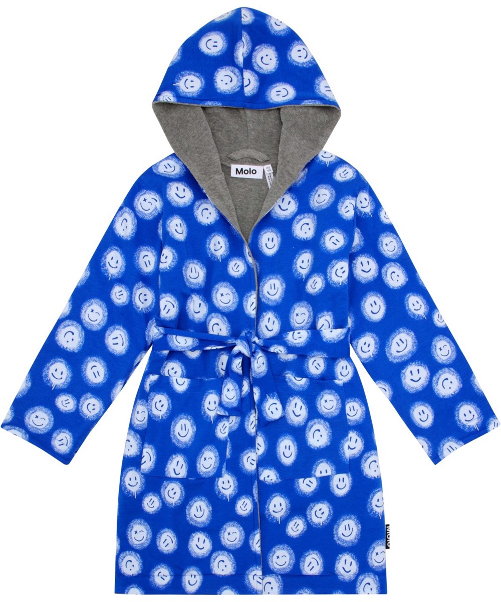 Wave - Smiles Blue - Blue dressing gown with white smiling face print in super soft, organic cotton terry