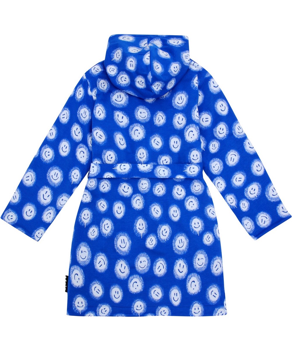 Wave - Smiles Blue - Blue dressing gown with white smiling face print in super soft, organic cotton terry