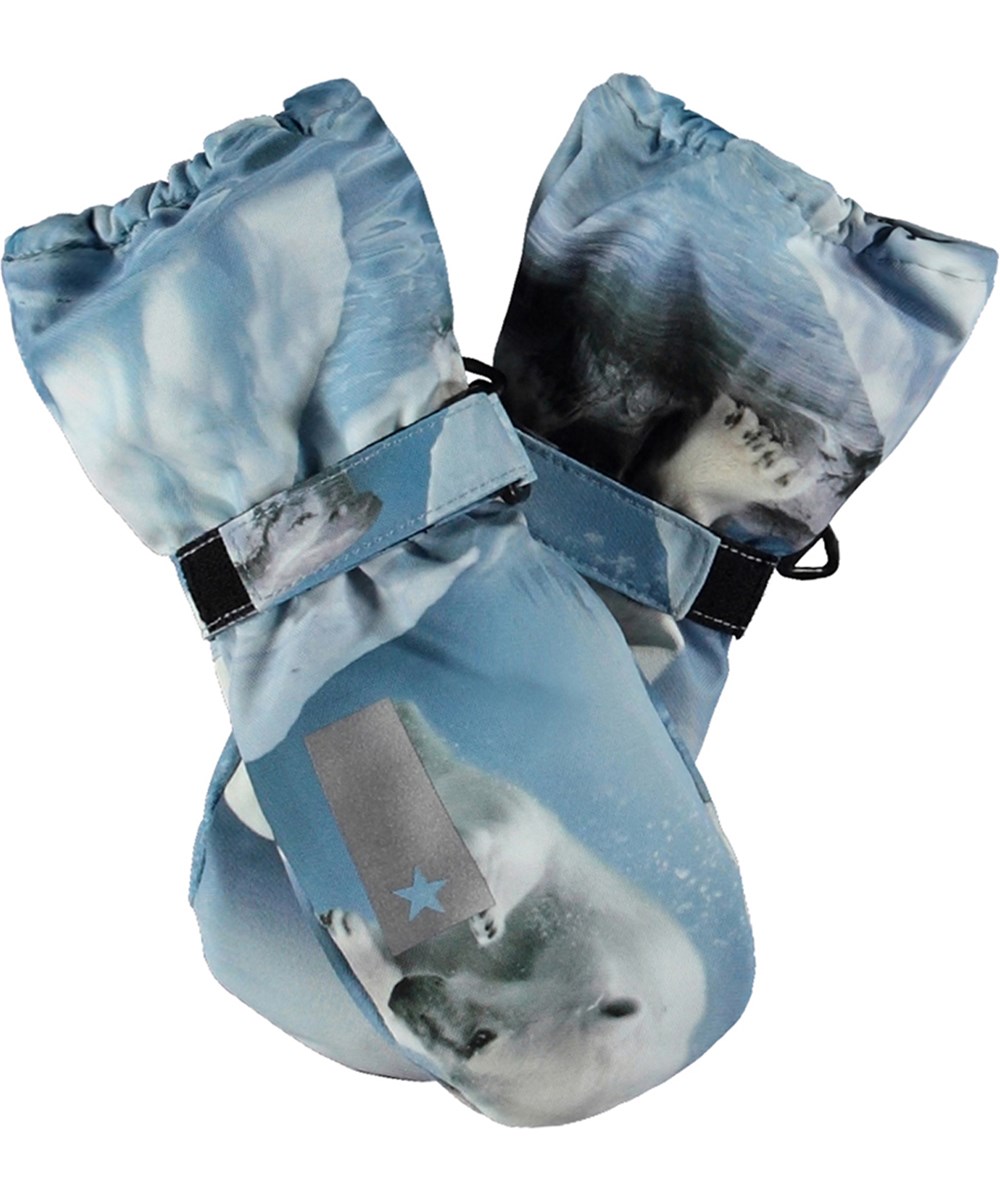 Igor - Polar Bear Joy - Blue, waterproof and breathable mittens for children with polar bear print and 3M™ Thinsulate™ insulation.