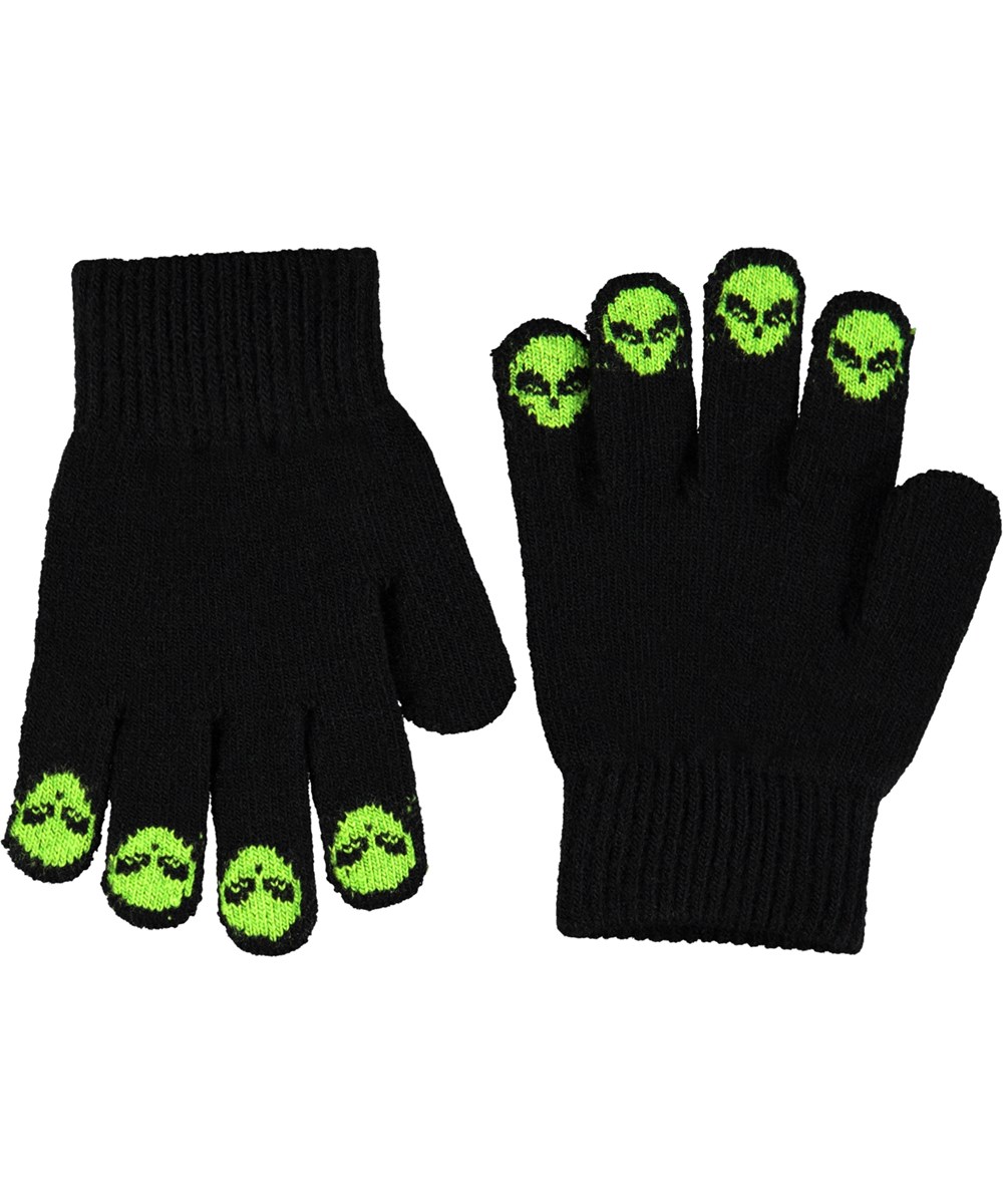 Kaapo - Black - Grey knitted gloves for children with cute animals on three of the fingers.