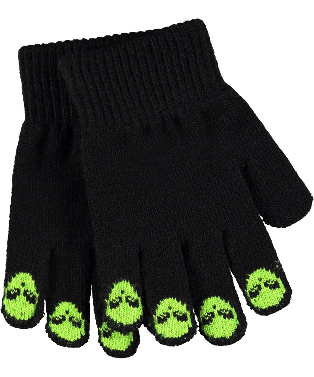 Kaapo - Black - Grey knitted gloves for children with cute animals on three of the fingers.
