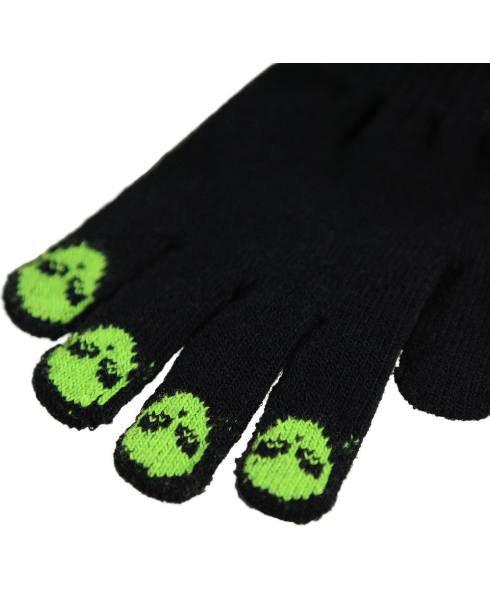 Kaapo - Black - Grey knitted gloves for children with cute animals on three of the fingers.