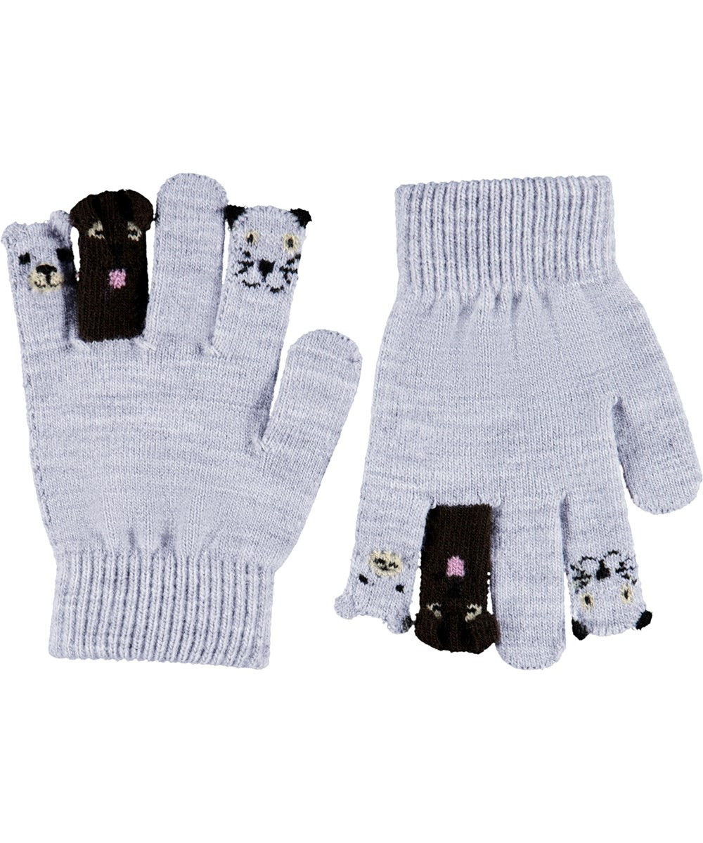 Kaapo - Grey Melange - Black knit gloves with aliens on the fingers for children.