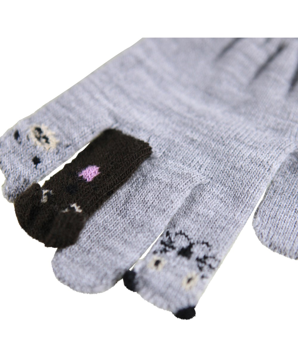 Kaapo - Grey Melange - Black knit gloves with aliens on the fingers for children.