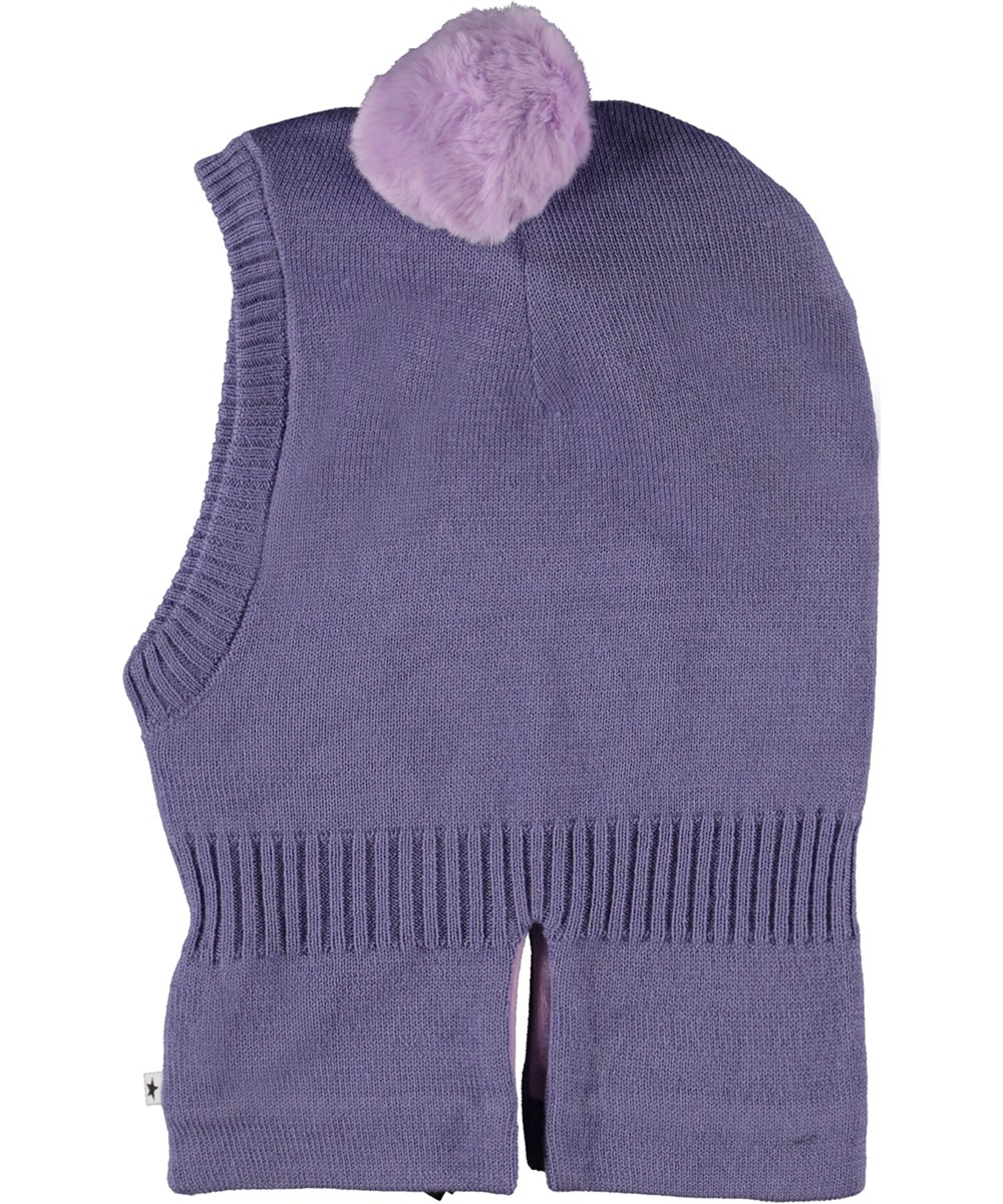Kado - Cosmic Sky - Purple knit balaclava in wool blend with pom-poms