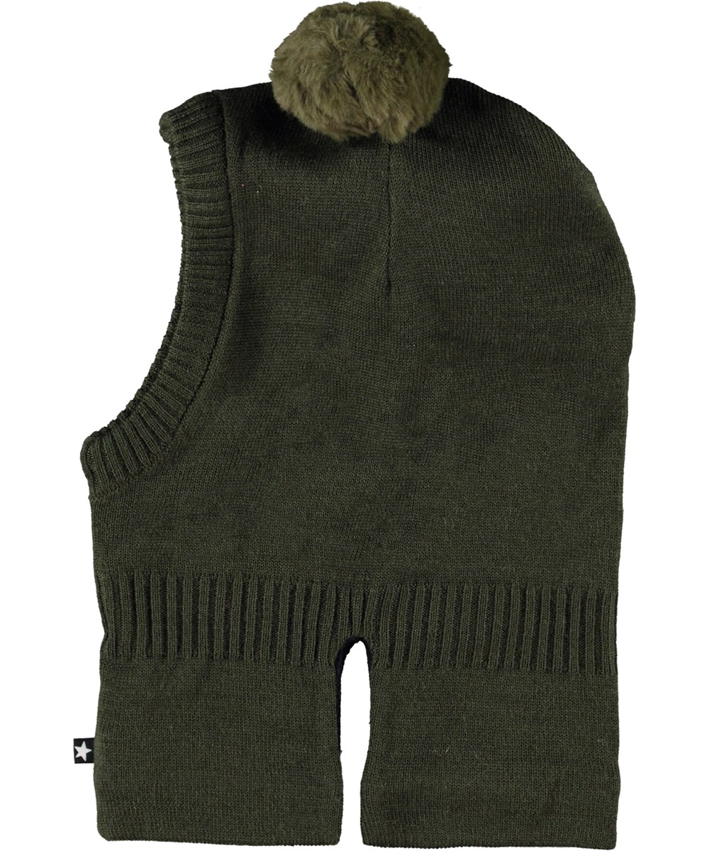 Kado - Dusty Green - Dark green knit balaclava in wool blend with pom-poms