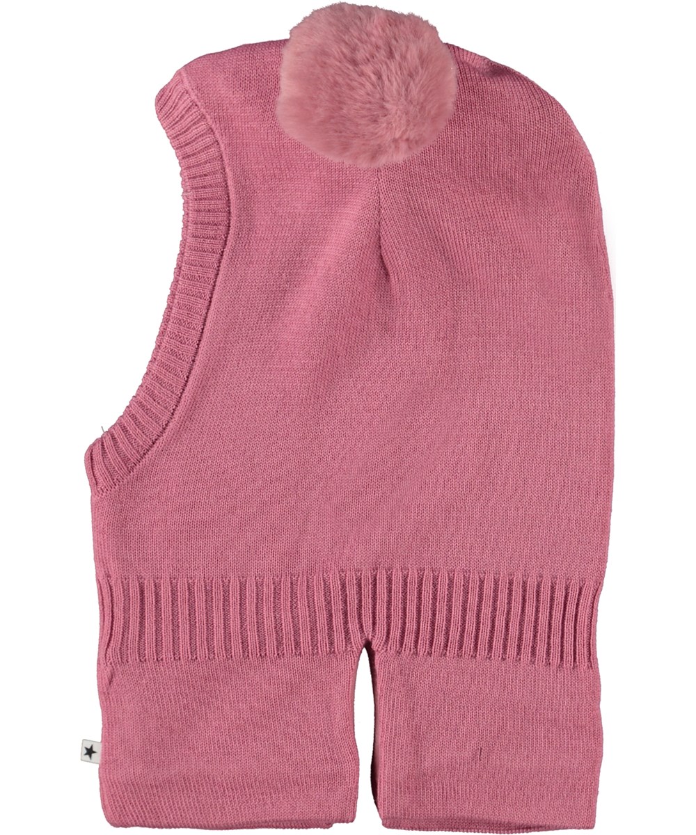 Kado - Fox Glove - Pink knit balaclava in wool blend with pom-poms