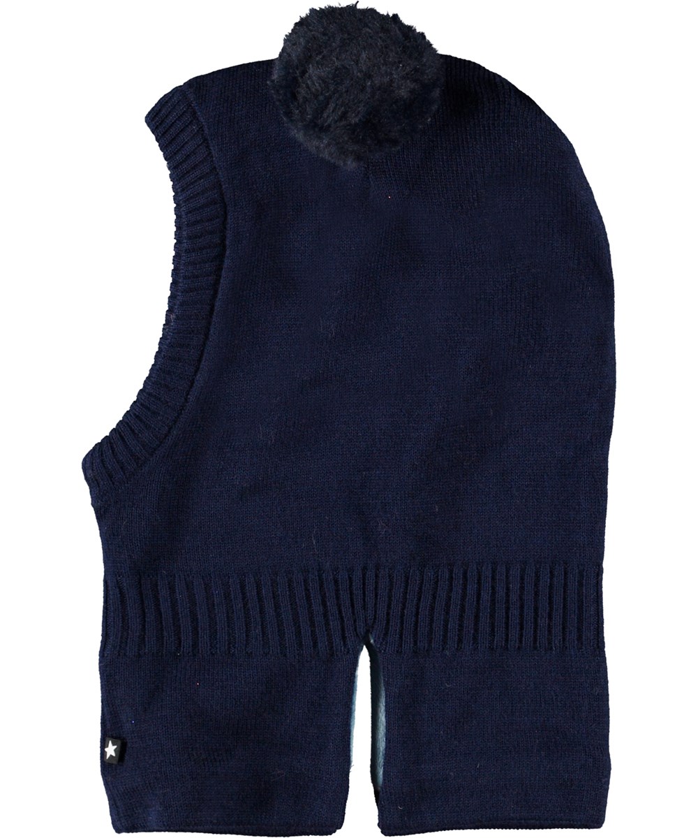 Kado - Night Navy - Dark blue knit balaclava in wool blend with pom-poms