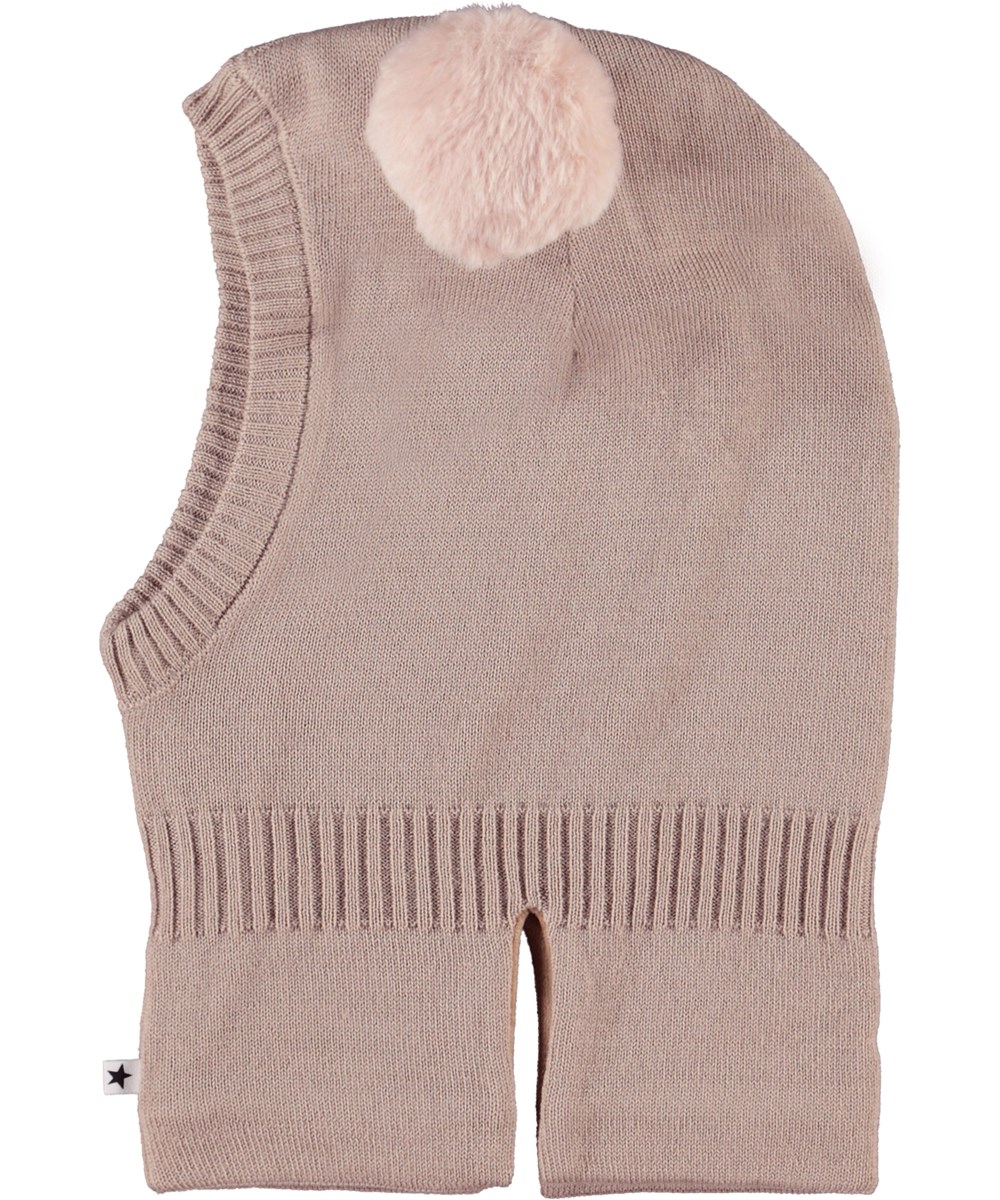 Kado - Soft Mushroom - Beige knit balaclava in wool blend with pom-poms